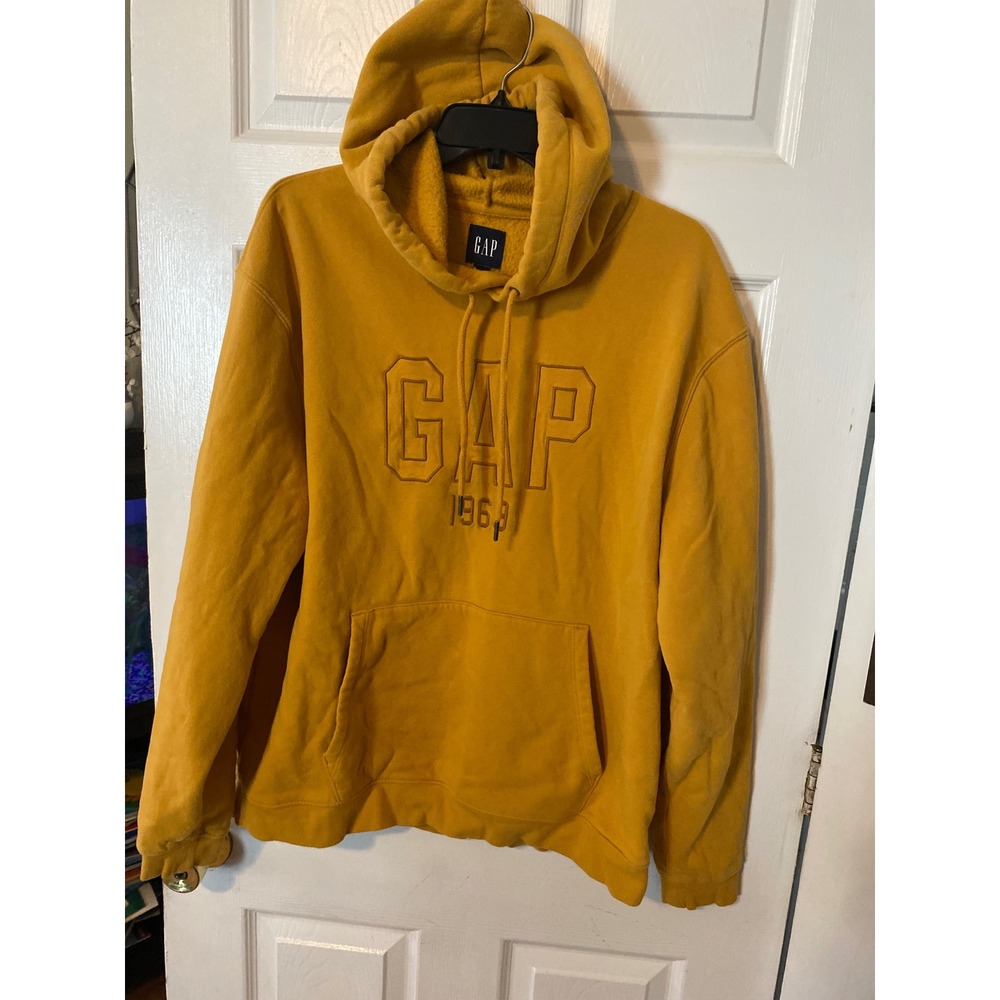 Gap Hoodie Mens Large Mustard Yellow 1969 Embroidered Arch Logo Fleece Pullover